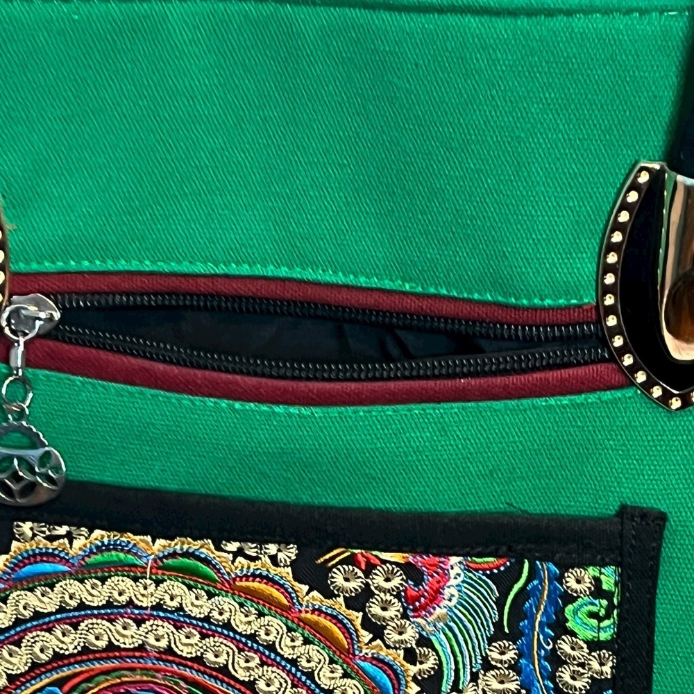 Handcrafted Floral Embroidered Shoulder Green Tote Bag – Unbranded, New - Picture 7 of 12